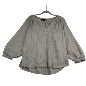 Nautica Long Sleeve Tunic Top Linen Blend XL White Striped V-Neck Boho Coastal